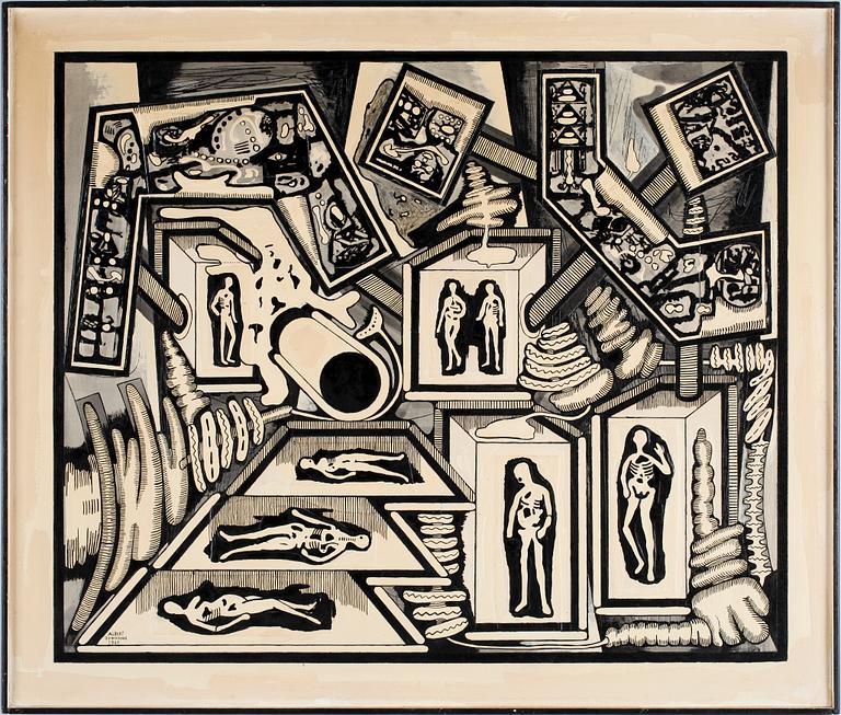ALBERT JOHANSSON, olja och collage på pannå. Sign och dat 1967.