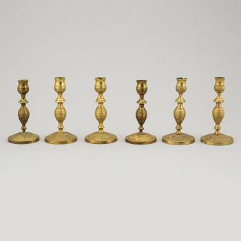 LJUSSTAKAR, 6 stycken, mässing, (3 par), 1800-tal.