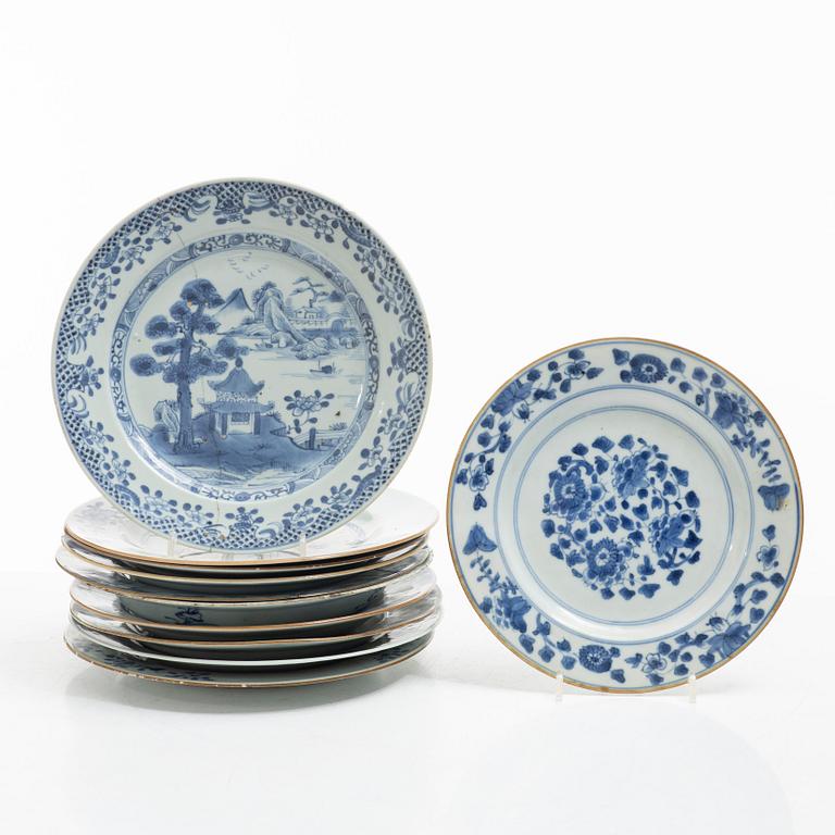 Eleven blue and white porcelain plates, China, Qing dynasty 18th century.