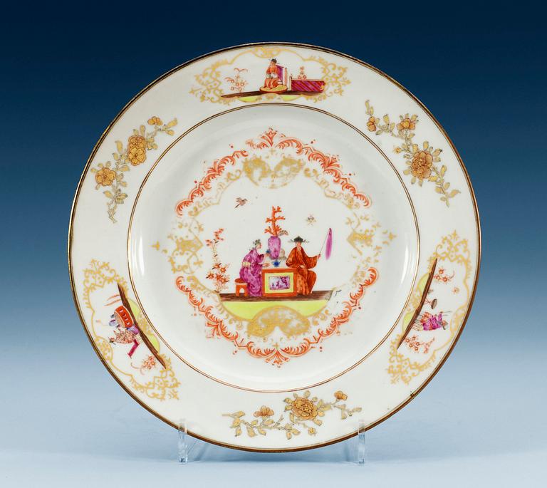 A famille rose 'European Subject' dish after a Meissen model, Qing dynasty, Qianlong (1736-95).
