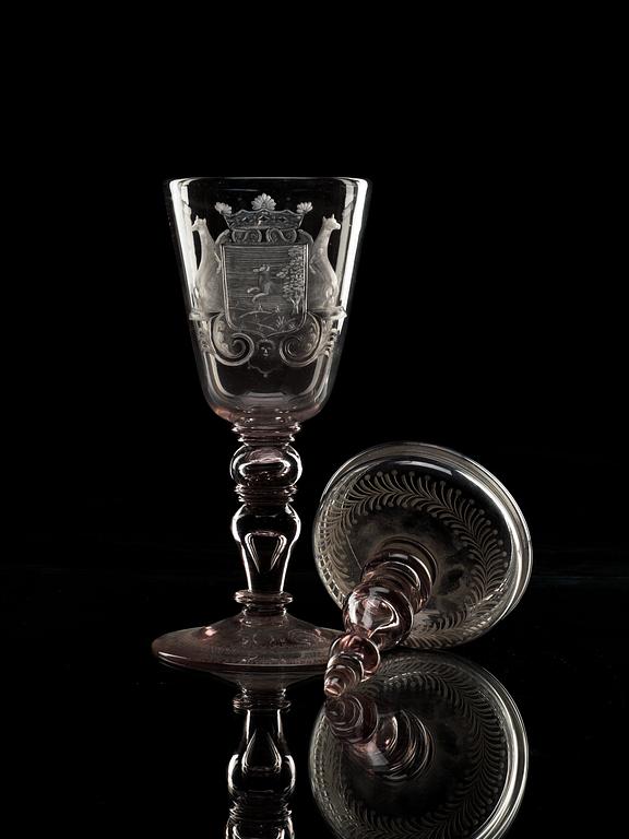 A large Swedish armorial goblet with cover, Kungsholms glassmanufactory, 18th Century.