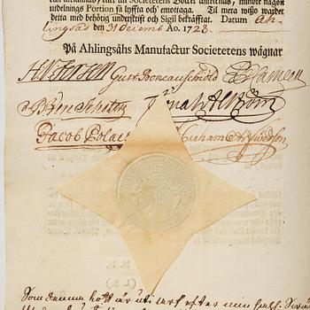 A Swedish share certificate, Ahlingsåhs Manufaktur Werk, No 526, 1728.
