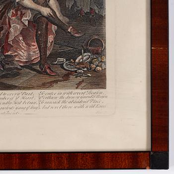 William Hogarth, efter, åtta stycken kolorerade etsningar och gravyrer.