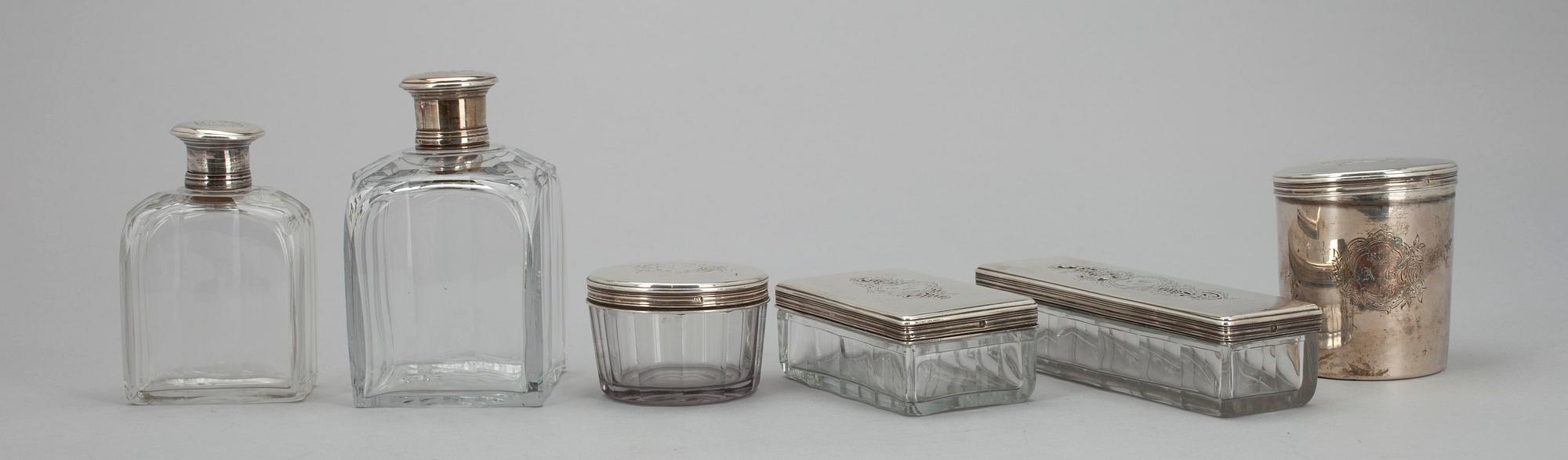 TOALETTSET, 6 delar, silver, kristall, Frankrike, 1800-talets mitt.