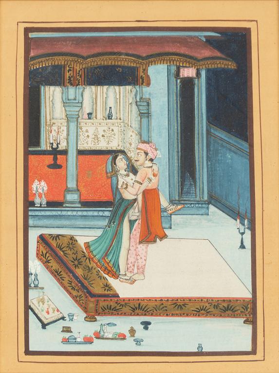 Unidentified artist, Erotic scenes in palace settings, India, 20th century. Two pieces.