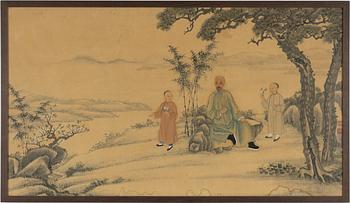 Unidentified artist, Scholar with two boys in a garden, China, early 20th century.