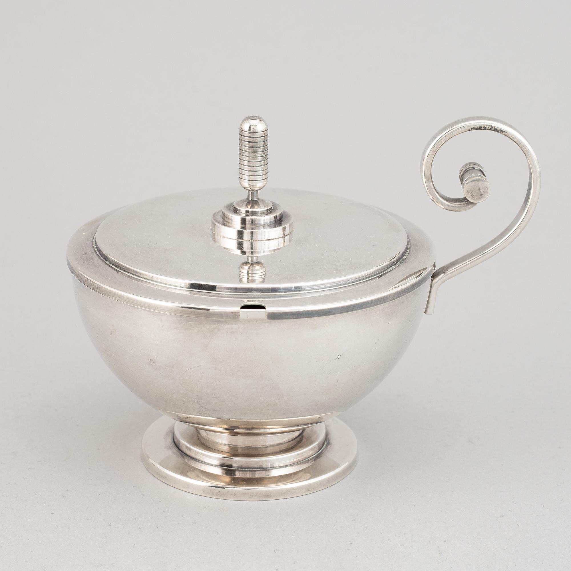 A Swedish silver plated sugar bowl with lid, CG Hallberg, probably designed by Sylvia Stave.