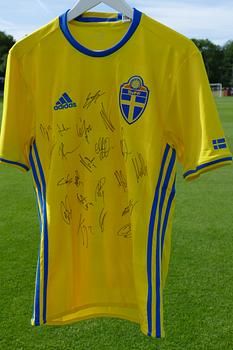 Sveriges landslagströja 2016 med samtliga spelares autografer.