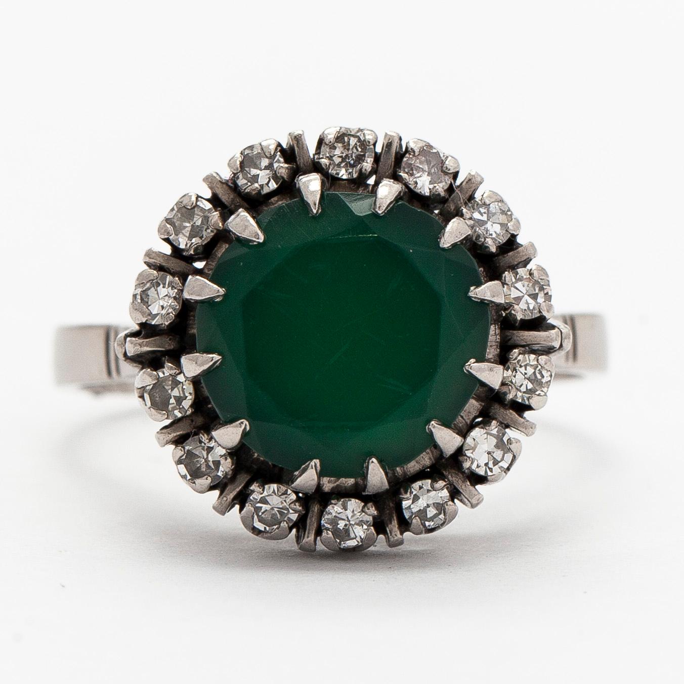 Ring, palladium, diamanter, färgad kalcedon.