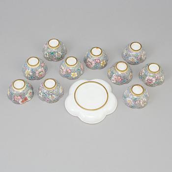 10 chinese cups with one dish, enamel on copper. late 19th/early 20th century.