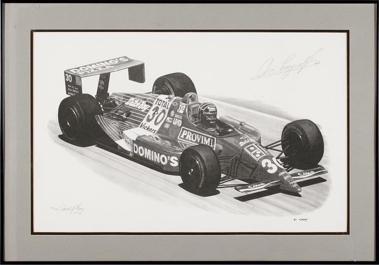DAVID GRAY, 2 st, litografier, signerade samt med autografer bla Rick Mears, numrerade 100/500 resp 385/500.