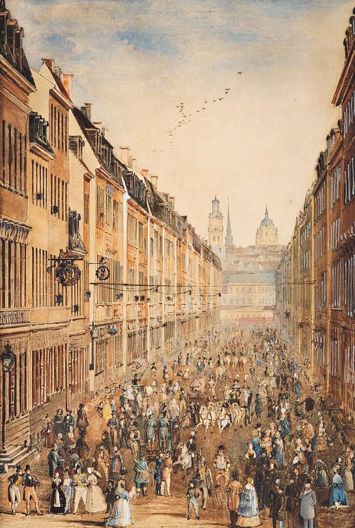 Ferdinand Tollin, Vy ifrån Drottninggatan, Stockholm från Fredsgatan mot Gamla stan med en kunglig procession.