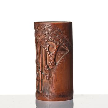 A Chinese brushpot, Qing dynasty, circa 1900. An archaistic bronze ewer and a silvered South East Asian bowl with stand.