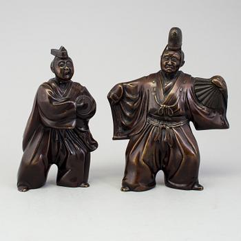 Two Japanese bronze sculptures of dancers, Meiji period (1868-1912). Signed to base.