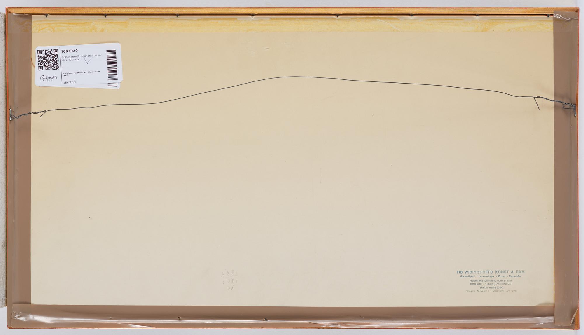 Solfjädersmålningar, tre stycken, Kina, 1900-tal.