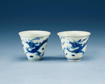 A pair of blue and white wine cups, Ming dynasty, 17th Century.