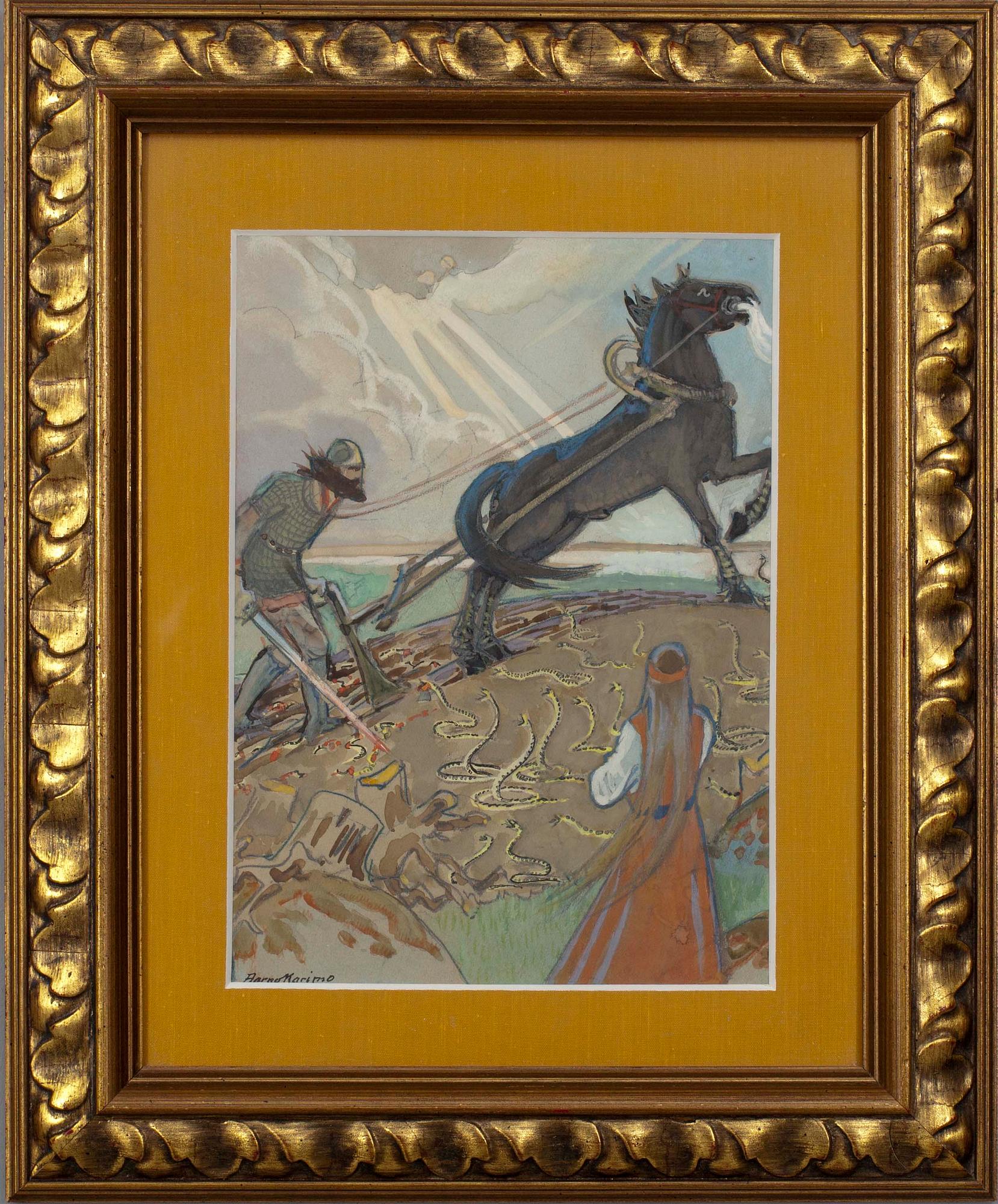 AARNO KARIMO, Ilmarinen plöjer åkern, gouache, sign.