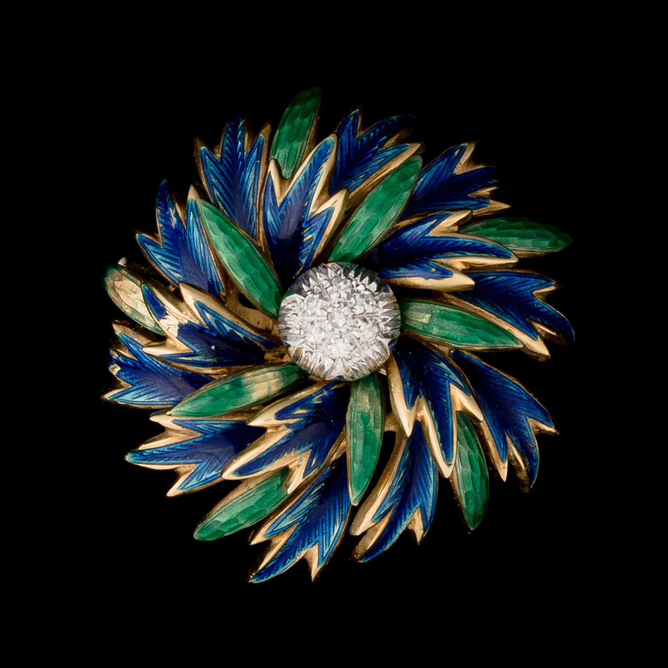 A BROOCH, 18K gold, green and blue enamel, 8/8 cut diamonds. Italy.