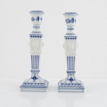 Candlesticks, a pair, porcelain, "Musselmalet", Royal Copenhagen, Denmark, 1967-68.