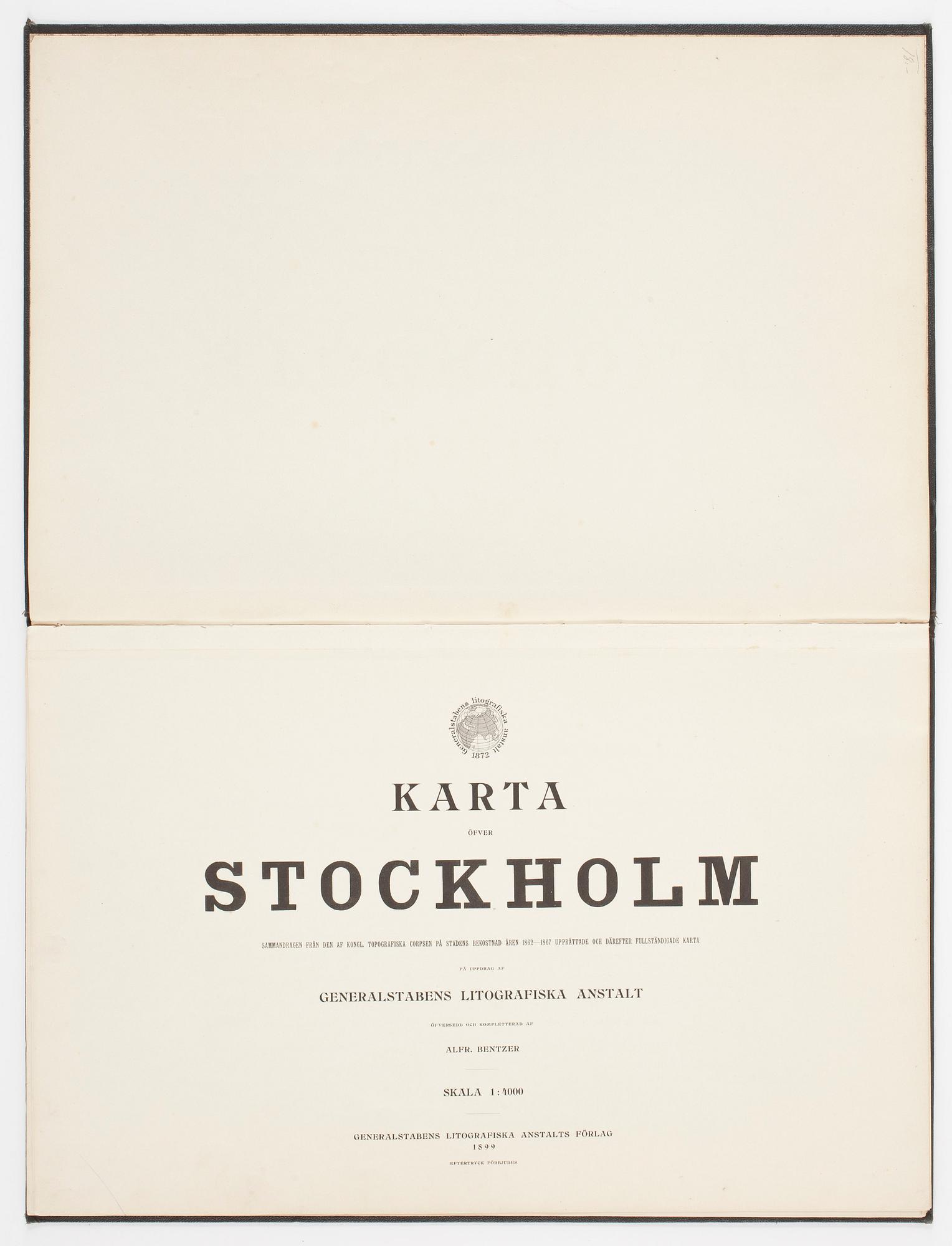 KARTBOK, "Karta öfver Stockholm", 1899, utgiven av generalstabens litografiska anstalt.