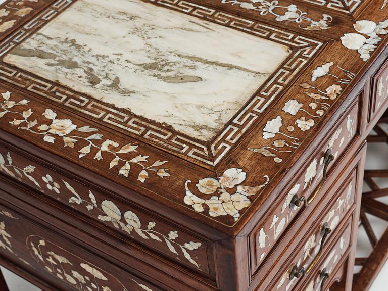 A Chinese writng desk with stone placques and mother of pearl inlay, late Qing dynasty.