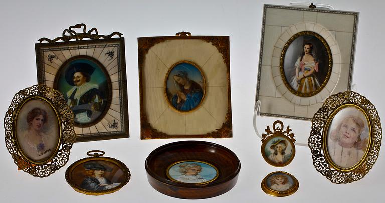 PARTI MINIATYRPORTRÄTT, 9 st, omkring 1900-1900-talets första hälft.