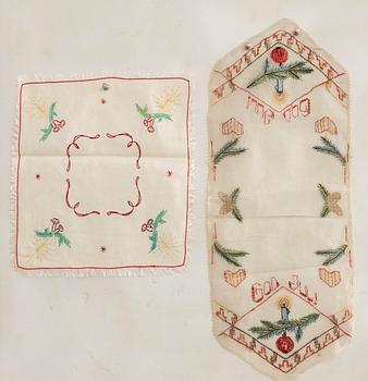 A collection of smaller Christmas tablecloths, runners, and wall hangings, approximately 34 pieces, mid/second half of the 20th century.