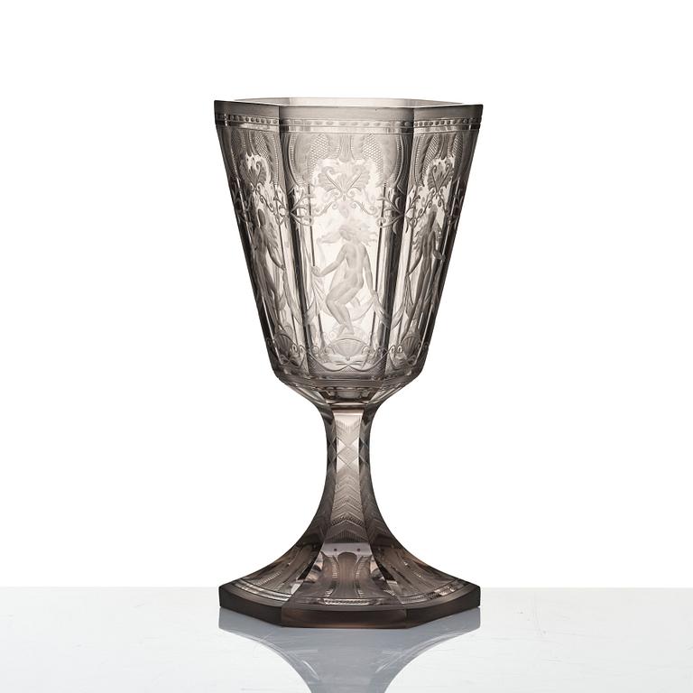 Simon Gate, a Swedish Grace engraved glass goblet 'Sex gracer', Orrefors 1929, model 154.