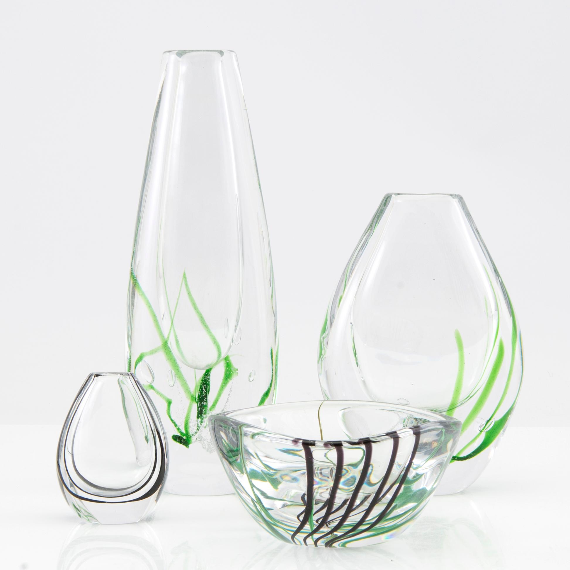 Vicke Lindstrand, vases 3 pcs and bowl "Seaweed" Kosta.