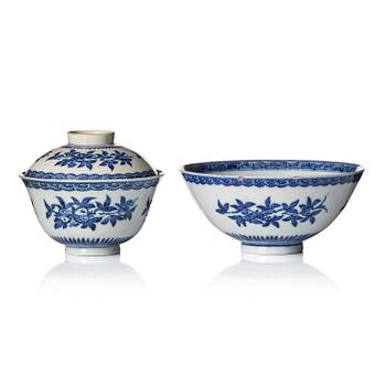 1068. A blue and white soft paste 'three abundances' bowl with cover and a bowl, Qing dynasty, 18th century.