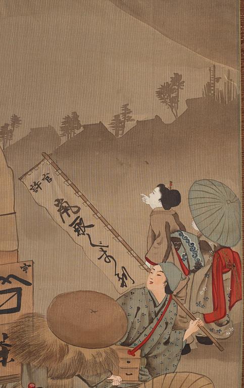 RULLMÅLNINGAR, sex stycken, tusch och färg på papper. Japan, Meiji (1868-1912).