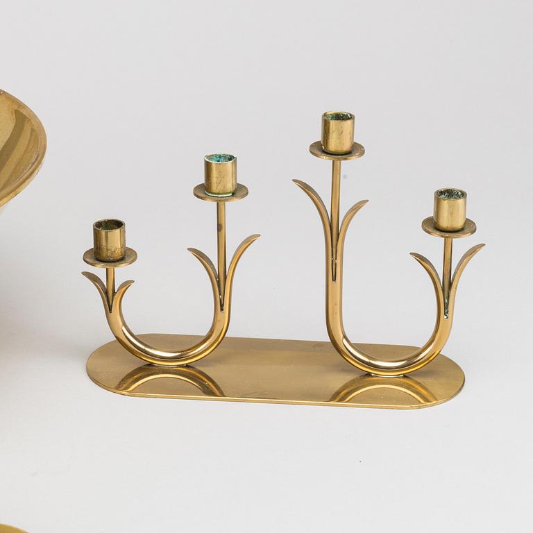 A mid 1950's Ysted Metall brass bowl and 3 candleholders-.