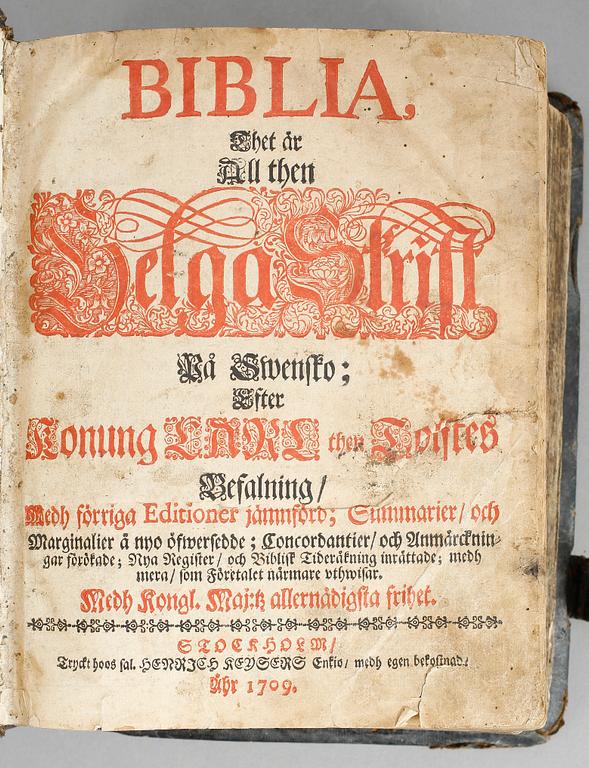 KARL XII:S FÄLTBIBEL, Biblia thet är all then Helga Skrift på Swensko.., Stockholm 1709.