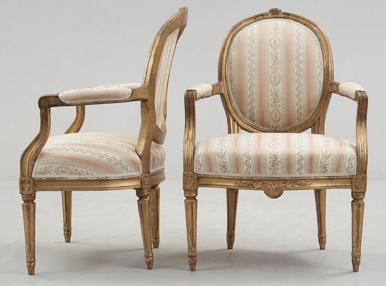 Three Gustavian 18th century armchairs.