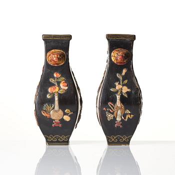 A pair of hardstone embellished vases, mid Qing dynasty.