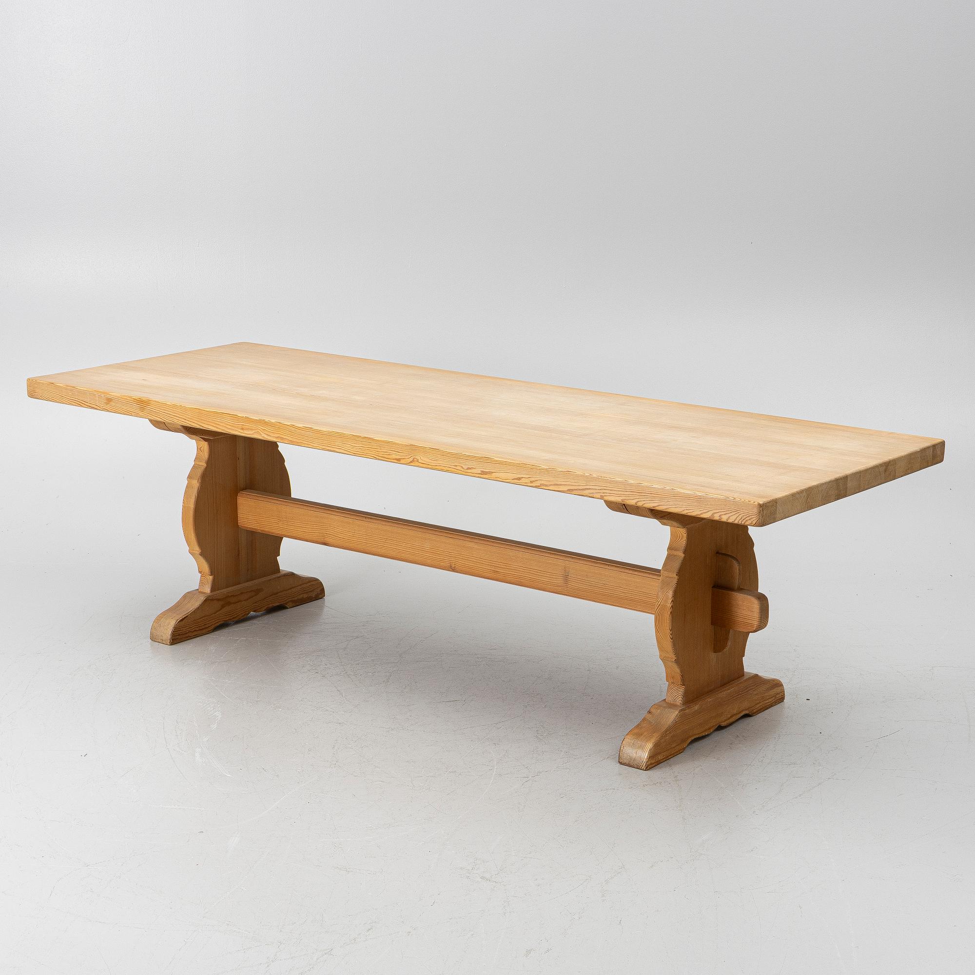 A dining table, trestle table, pine, Krogenes Möbler, Norway, mid-20th century.