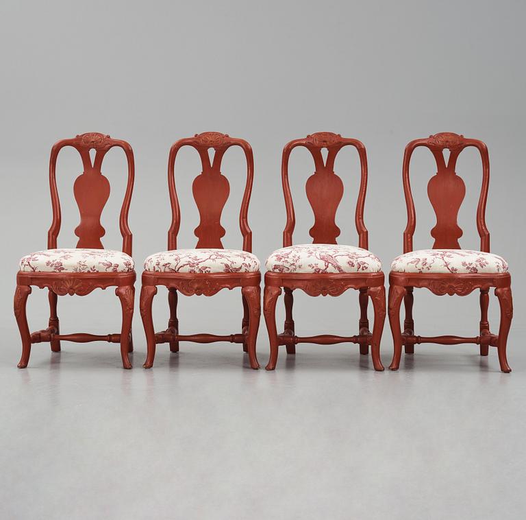 A set of four Swedish Rococo chairs, mid 18th century.