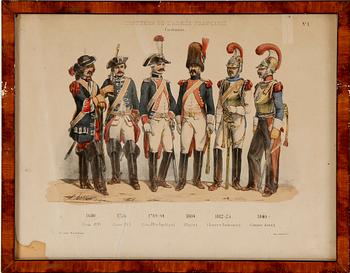 LITOGRAFISKA UNIFORMPLANSCHER, 8 st, Costumes de l'armée Française, 1800-talets slut.