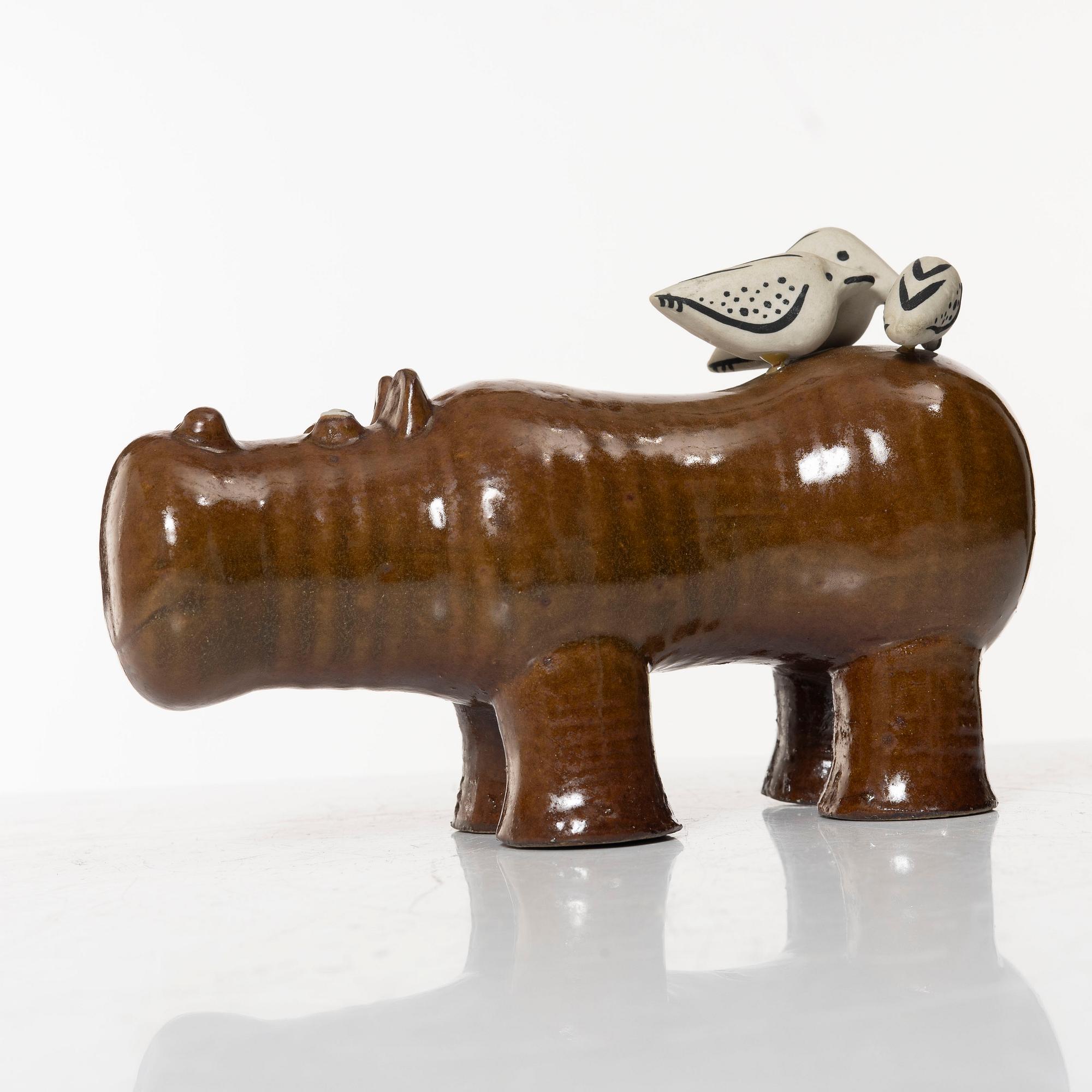 Lisa Larson, a 'Flodhäst med fåglar' (Hippo with Birds) figurine, Gustavsberg, Sweden.