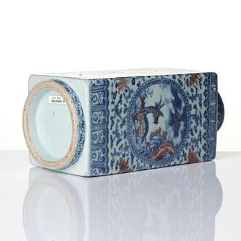 An underglaze blue and copper-red 'crane and deer' cong vase, Qing dynasty, 18/19th century.