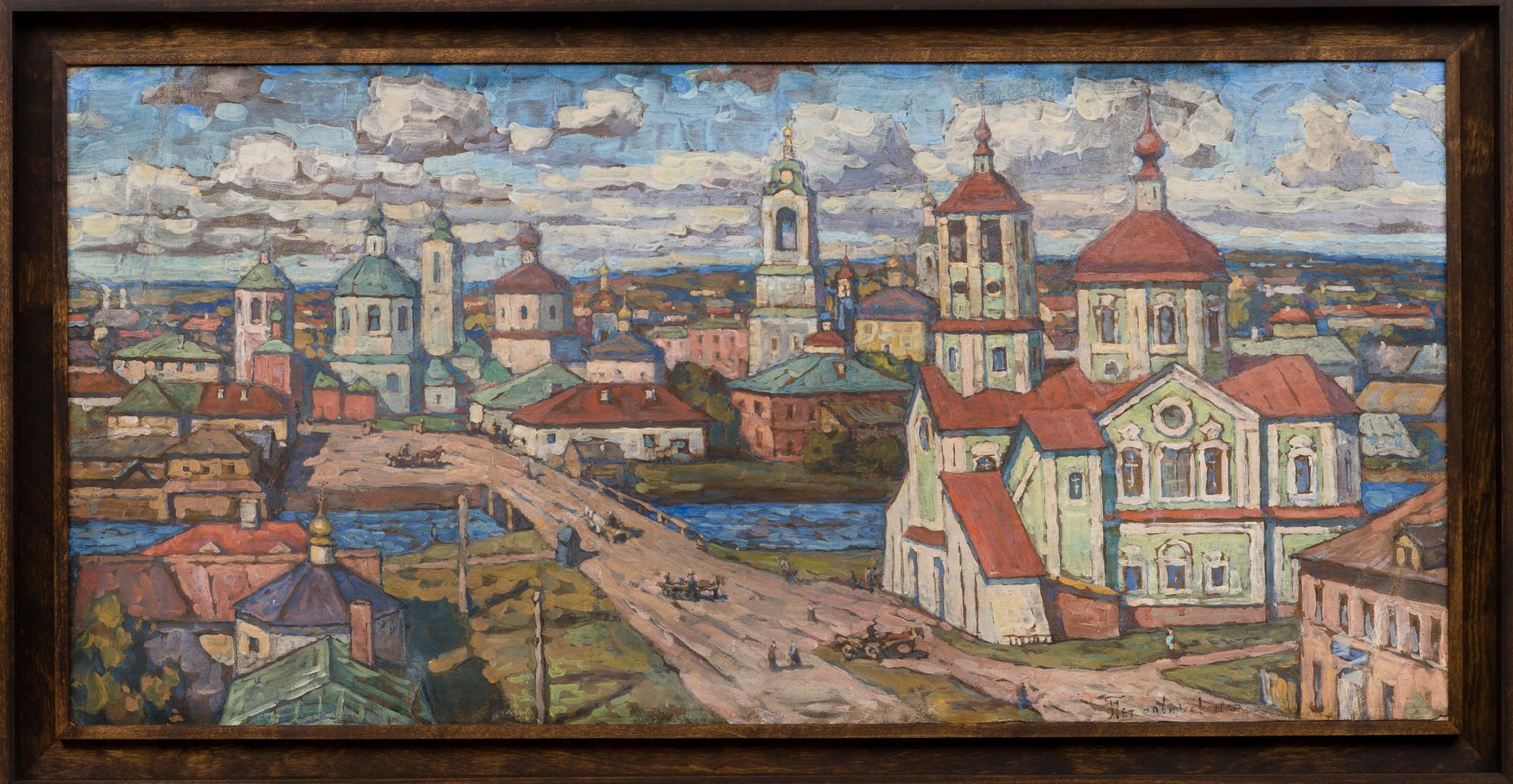 Piotr Ivanovich Petrovichev, VIEW OF TOROPETS. Signed indistinctly. Tempera on board. 46x95 cm.
