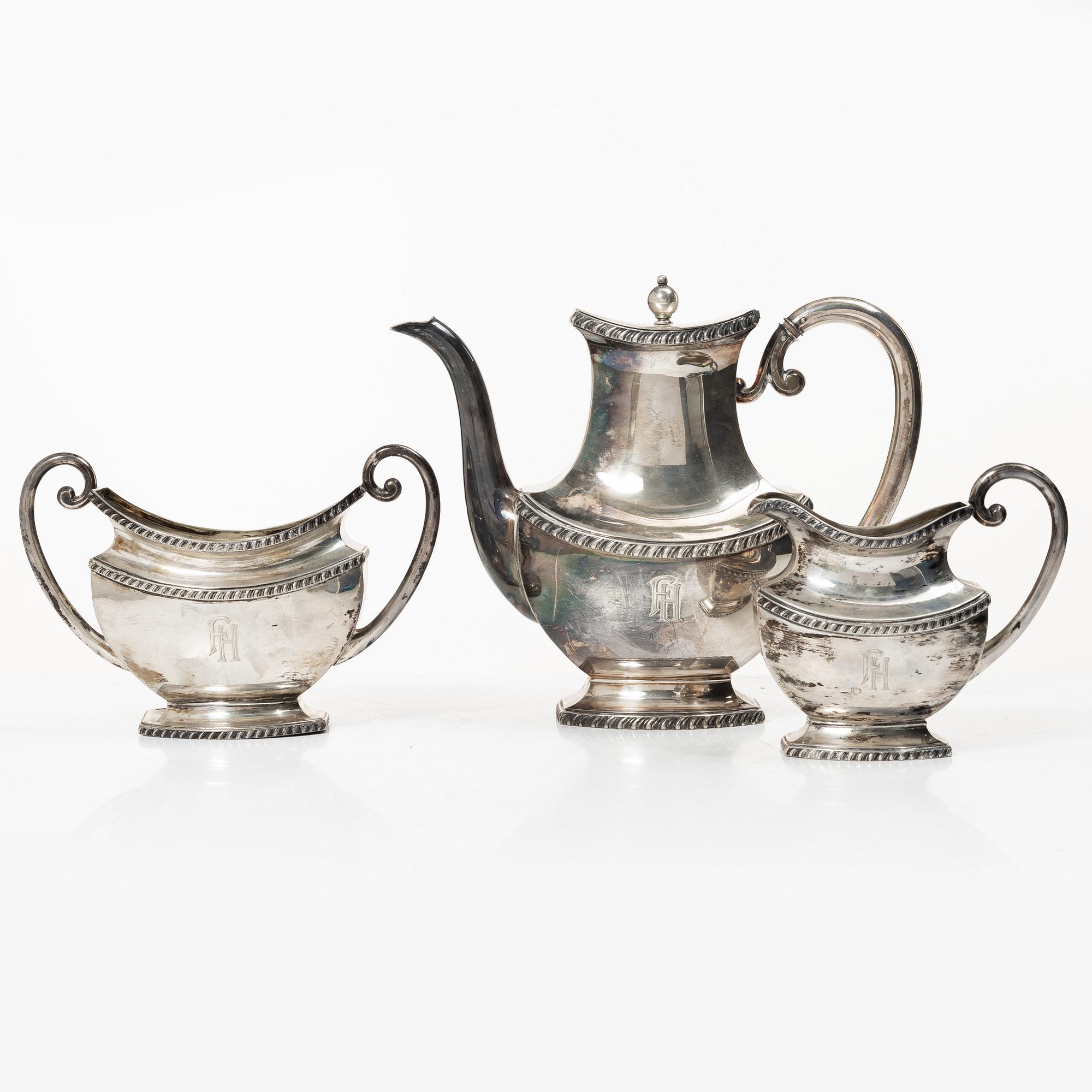 A German silver coffee service, mark of Wilhelm T Binder, Schwäbisch Gmünd, first half of the 20th century (3 pieces).