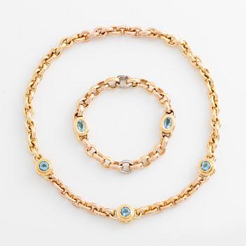 Gaudy, necklace and bracelet with peridot and aquamarines.