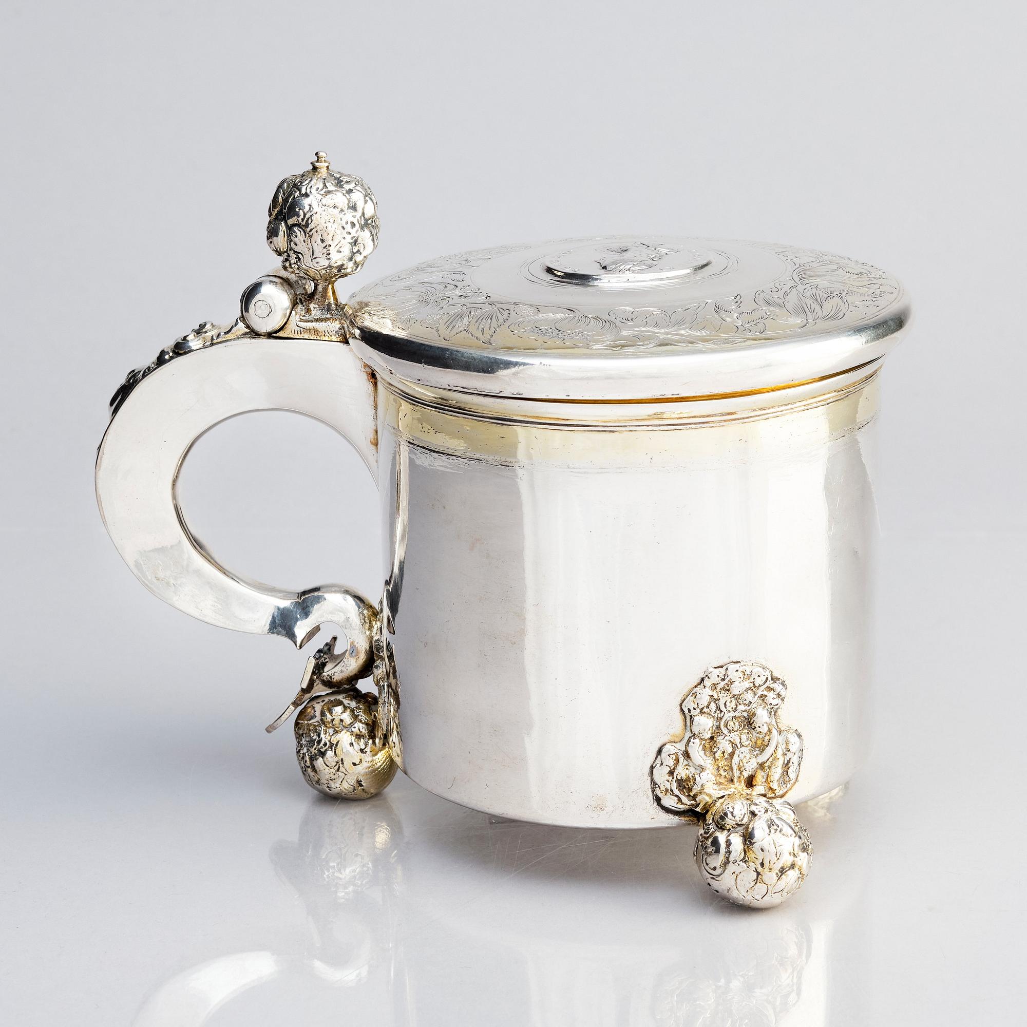 Lorenz Westman, dryckeskanna, delvis förgyllt silver, Stockholm (verksam 1656-1682). Barock.