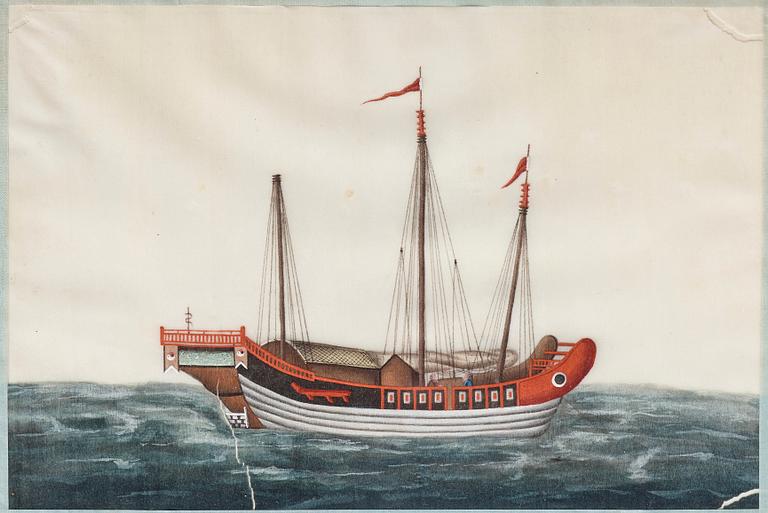 MÅLNINGAR, sex stycken, tusch och akvarell på rispapper. Kina, Qingdynastin, 1800-tal. "Djonker".