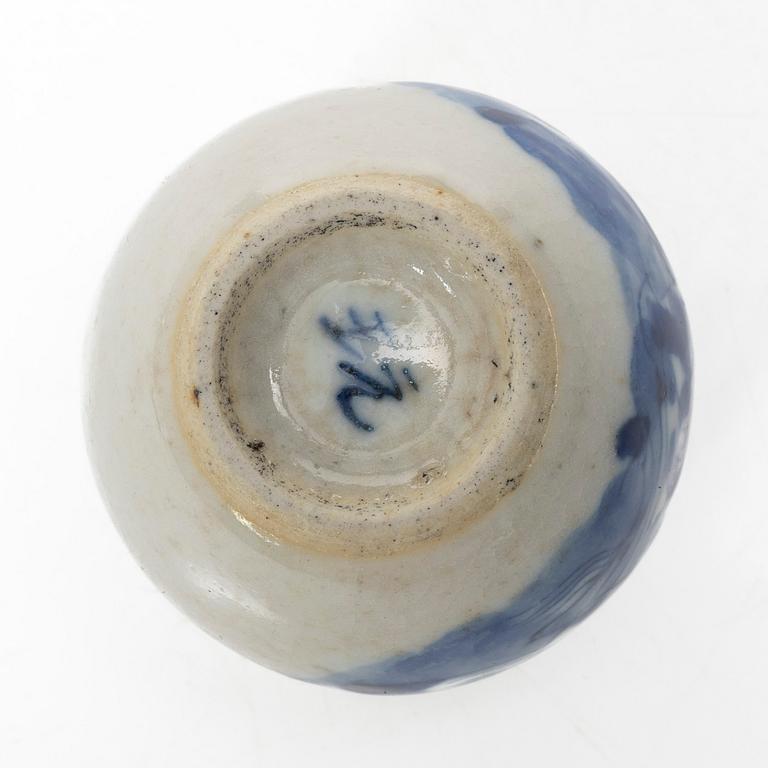 A Chinese blue and white porcelain brush washer / vase and a metal and tortoise shell nail guard, Qing dynasty.