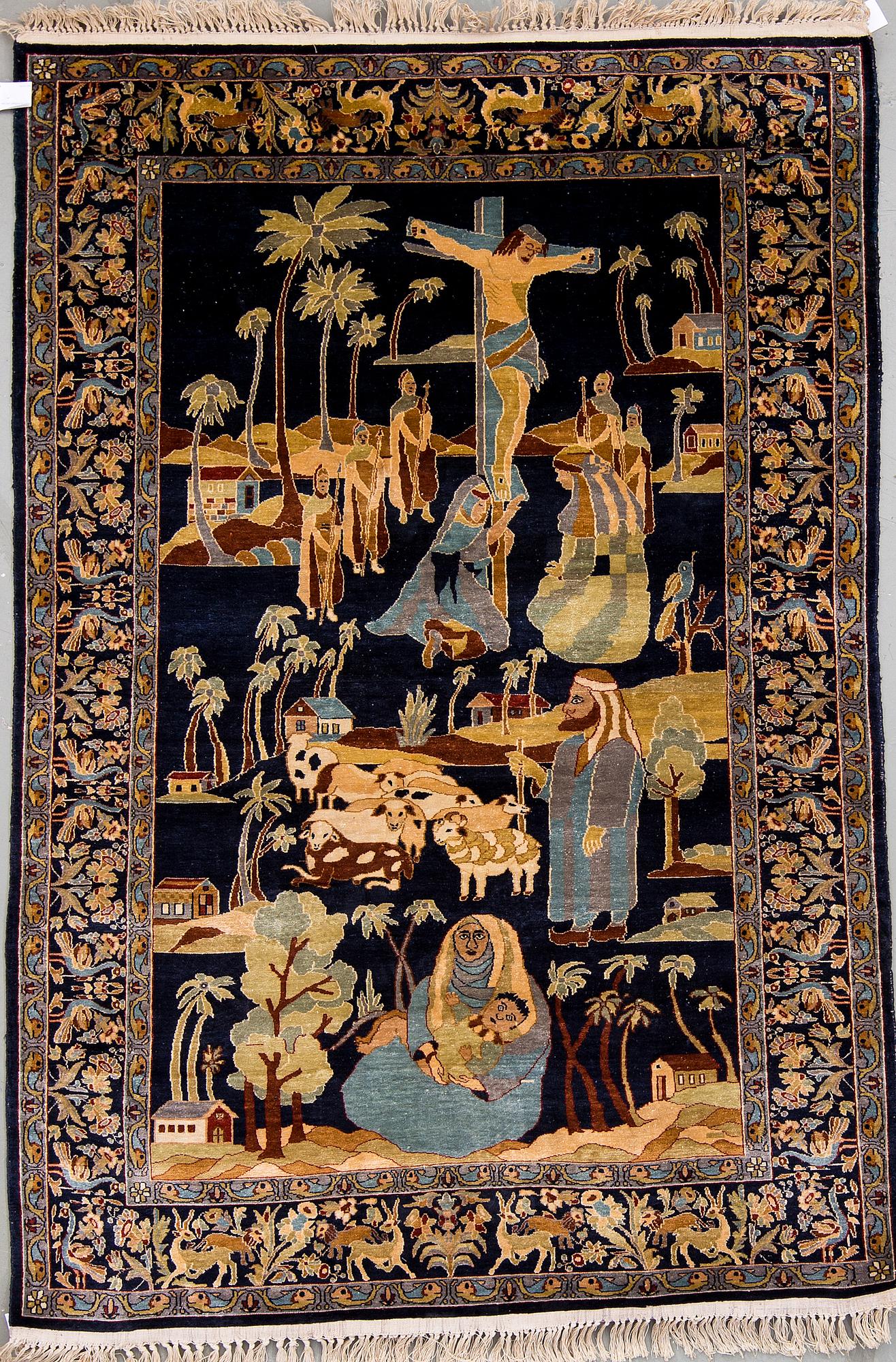 An oriental figural silk rug, around 181 x 124 cm.