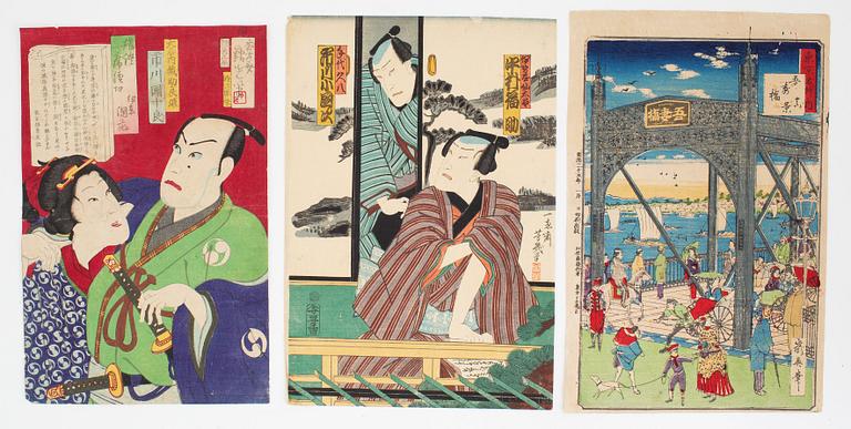 A set of three Japanese woodblock prints, including Kobayashi Ikuhide, later opart of the 19th Century.