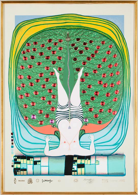 FRIEDENSREICH HUNDERTWASSER, seriegrafi m metallprägling, stämpelsign o numr 00154/4200.