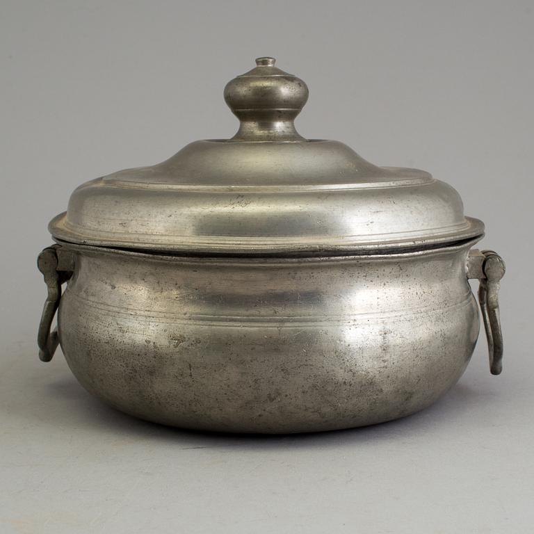 A lidded pewter bowl by Lars Löfgren (active 1823-73), Uppsala, Sweden.